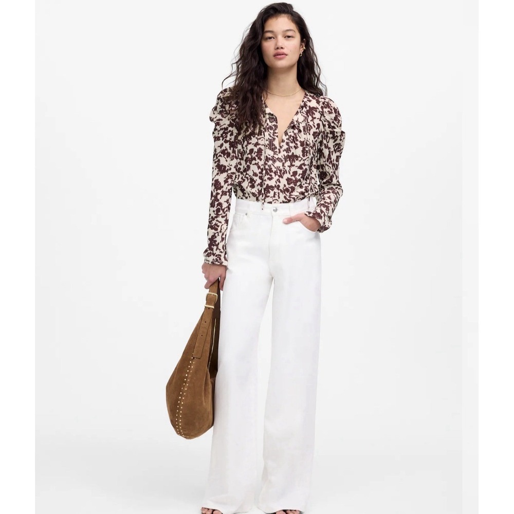 Madewell Women Blouse Size XL Ballon Sleeves Draped Tie-Front Top Casual Office